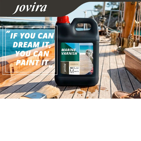 Heavy Duty Water Based Marine Varnish Shields Coastal Wood And Yachts From Salty Air While Delivering Hella Durable Scratch Protection With An Elegant Matte Look That Truly Stands Out in a 64 fl oz container on a wooden surface.