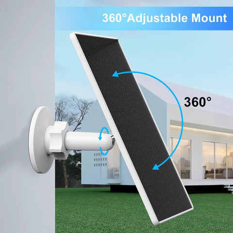 6W Outdoor Solar Panel Charger for Popular Security Cameras with 360° adjustable mount on building wall.
