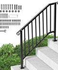 Tough As Nails Outdoor Stair Handrail Kit For Three To Four Steps Featuring Rust Proof Iron Railings, assembly parts and handrail on concrete steps.