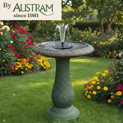 Pedestal Bird Bath With Solar Fountain For Outdoor Garden Decor Resin Stone Composite Standing Bird Bath For Patio And Yard No Fuss Install 23 Inch Tall Hummingbird Bowl Water Feature in garden with flowers