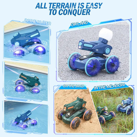 3 In 1 Amphibious RC Car Boat And Water Gun Set For Land And Water Play with adjustable speed showcased on different terrains.