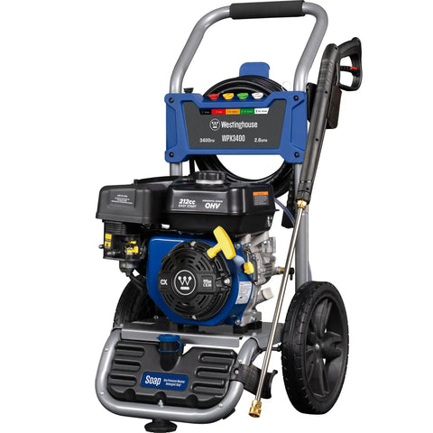 Powerful Gas Pressure Washer 3400 PSI, 2.6 GPM, with onboard soap tank, 25 feet hose, spray gun and wand, 5 nozzle set