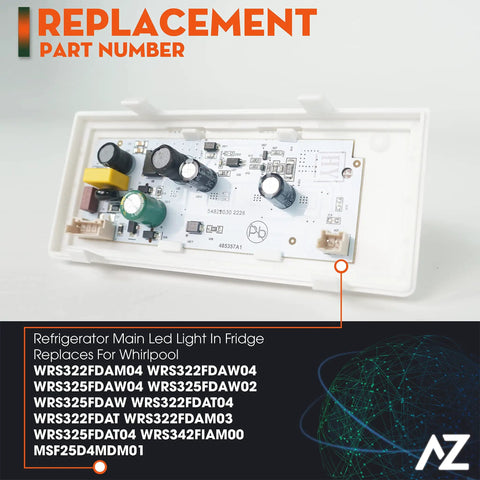 Plug And Play Refrigerator LED Light Replacement With Housing For Ceiling Right Side Easy Install Fits WRS322 And WRS325 Series Fridges Main LED Control Board Included, shown with circuit board and housing.