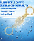 Heavy Duty Barrel Swivels With Solid Ring And Line Connector Copper And Stainless Steel Black Nickel Coat Rolling Ball Bearing 100 Piece Pack 35 To 105 Lb Test Ideal For Bass And Freshwater Fishing gold swivel close-up