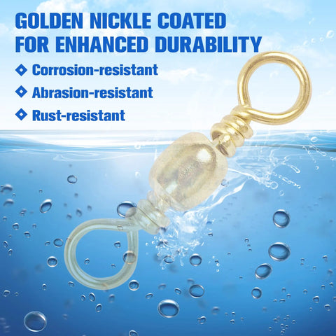 Heavy Duty Barrel Swivels With Solid Ring And Line Connector Copper And Stainless Steel Black Nickel Coat Rolling Ball Bearing 100 Piece Pack 35 To 105 Lb Test Ideal For Bass And Freshwater Fishing gold swivel close-up