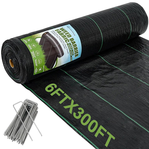 Heavy Duty Weed Barrier Landscape Fabric 6 Feet By 300 Feet Ground Cover Mat 3.2 Oz Permeable Woven Geotextile with 90 Pegs