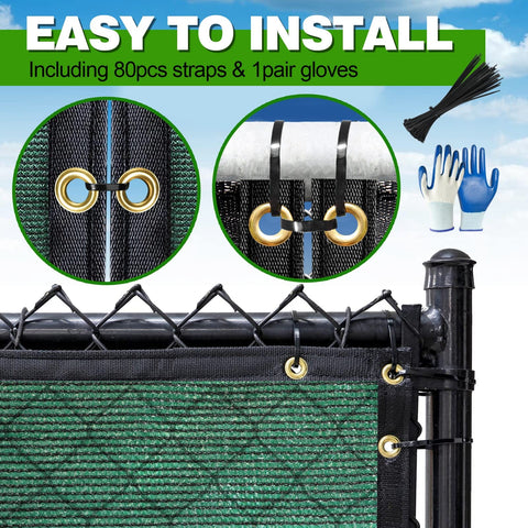 Privacy Fence Screen With Gloves 6X50Ft Heavy Duty 220Gsm HDPE Blockage 98 Percent, dark green, close-up of installation with grommets