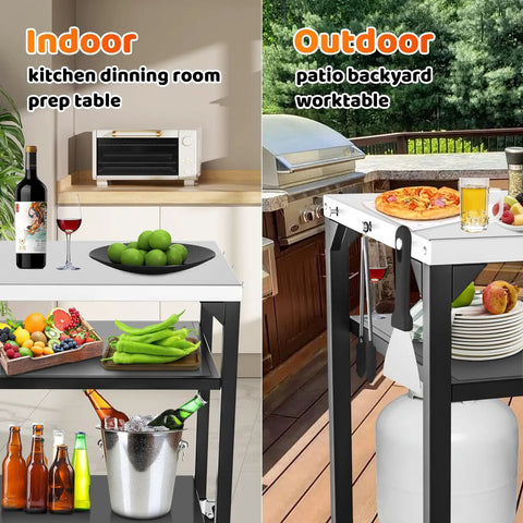 Movable Pizza Oven Table And Prep Cart For Outdoor Grills Fits Ooni Ninja Blackstone Bighorn Cuisinart with tools in outdoor setting