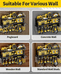 Heavy Duty Wall Mount Power Tool Organizer With Three Layer Storage Rack Nine Drill Holders And Battery Storage That Can Handle Up To 320 Pounds For Your Garage Workshop And Tool Room Gotta Have It shown on pegboard, concrete, wooden, and standard wall studs.