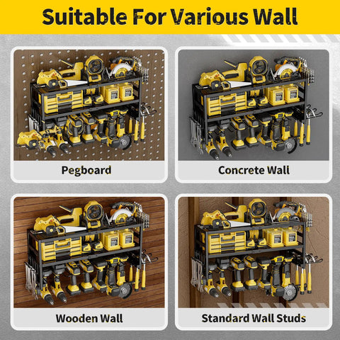 Heavy Duty Wall Mount Power Tool Organizer With Three Layer Storage Rack Nine Drill Holders And Battery Storage That Can Handle Up To 320 Pounds For Your Garage Workshop And Tool Room Gotta Have It shown on pegboard, concrete, wooden, and standard wall studs.