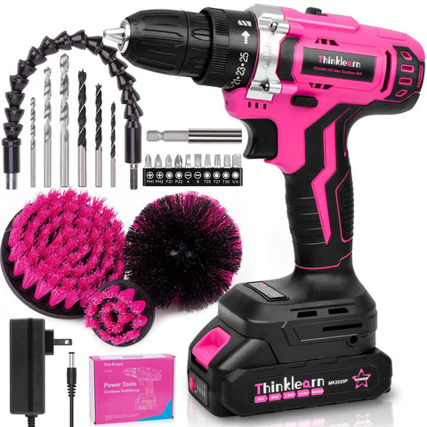 Pink 20V Cordless Drill Set With Drill Brush, Bit Kit, Three Eighths Inch Keyless Chuck, Dual Speed Control, 25 Plus 1 Torque Settings, Battery And Charger Included For Home DIYs And Quick Fixes displayed with drill, bits, brushes, charger, and battery.