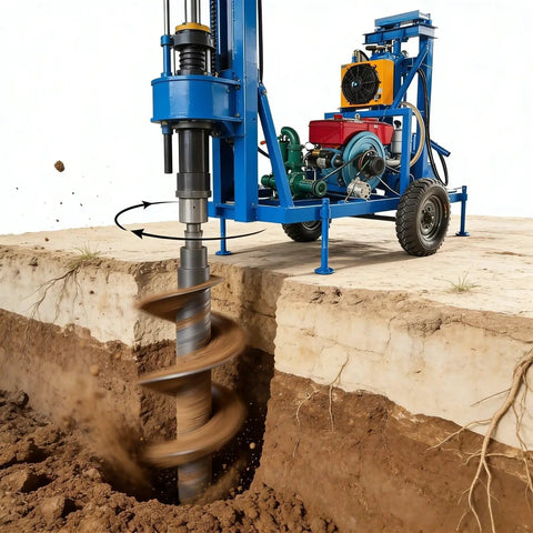 Portable Water Well Drilling Rig With Hydraulic Drive for Small Farms drilling into soil at job site