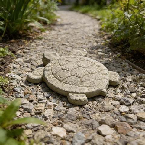 Installed Turtle Shaped Paving Mold For DIY Stepping Stones And Garden Pathways Concrete Cement Mould Reusable Stamp For Patio Sidewalk 17.3 By 15 Inches Easy To Use Fun Backyard Project on a gravel pathway.