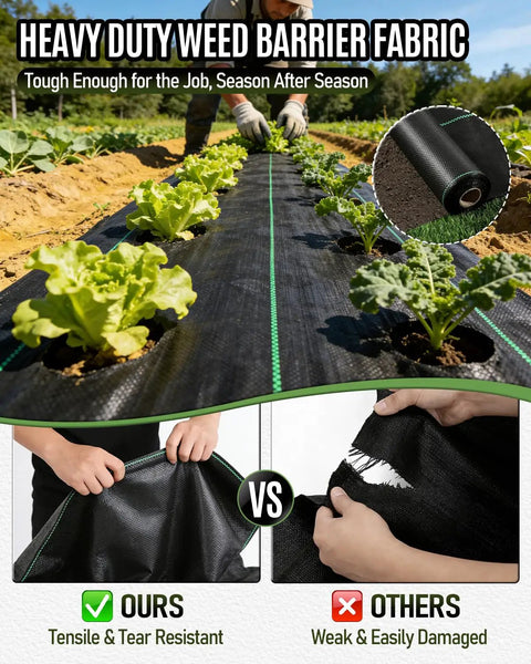Heavy Duty Weed Barrier Fabric 3 Ft By 300 Ft Woven Geotextile 3.2 Oz installed in garden with green plants