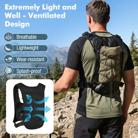 Back view of person wearing Running Hydration Vest With 2L Water Bladder, green and black, in a mountain setting.