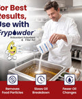 Chef pouring Frypowder into commercial fryer oil for filtering in a busy kitchen, enhancing quality and longevity.