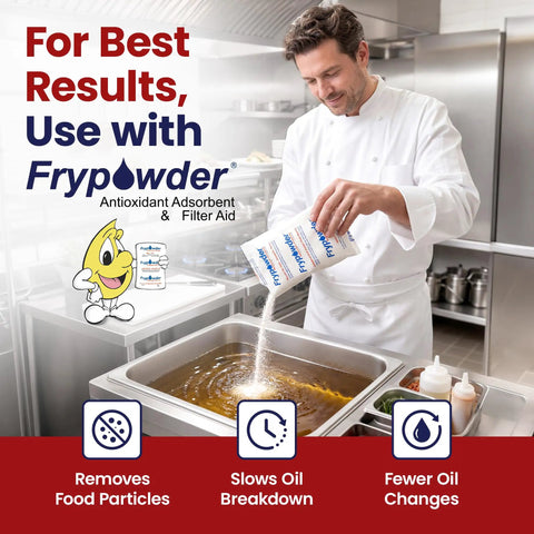 Chef pouring Frypowder into commercial fryer oil for filtering in a busy kitchen, enhancing quality and longevity.