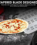 Front view of a 12-inch aluminum perforated pizza peel with a slotted surface for easy sliding