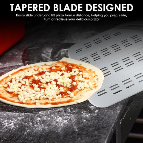 Front view of a 12-inch aluminum perforated pizza peel with a slotted surface for easy sliding