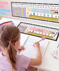 Young girl using 60 Pcs Classroom Desk Name Tags Set with Alphabet, Number Line, 100 Chart for 1st to 3rd Grade learning.