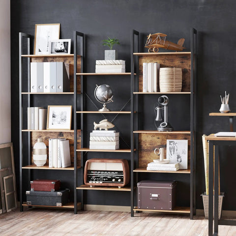 Five Tier Free Standing Bookshelf Built Tough With A Heavy Duty Steel Frame And Wide Wooden Shelves For Smart Storage And Laid Back Home Vibes That Is A Total Game Changer For Any Living Space