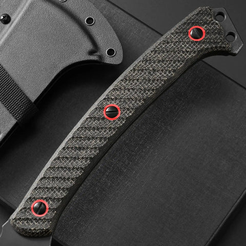 Close-up of Micarta handle and Kydex sheath on Beast Of A Camping Axe For Bushcraft And Survival With DC53 Steel Blade