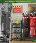 Golf Bag Storage Rack With Wheels For Garage And Home Holds 2 Golf Bags Plus Gear Ball Mesh Rack 3 Shelves Removable Hooks