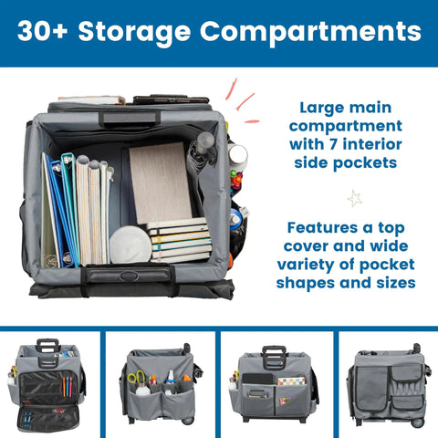 Universal Rolling Cart With Canvas Organizer Bag For Classrooms And Offices On Wheels Mobile Storage For School Supplies Files Textbooks And Arts And Crafts Durable Dark Grey Cart With Easy Glide Wheels featuring 30+ storage compartments and side pockets.