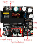 Close-up of Beefed-Up 900W DC Boost Converter From 8-60V To 10-120V With 15A Output Step Up Regulator showing inputs, outputs, LED display, and controls.