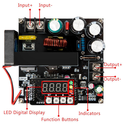 Close-up of Beefed-Up 900W DC Boost Converter From 8-60V To 10-120V With 15A Output Step Up Regulator showing inputs, outputs, LED display, and controls.