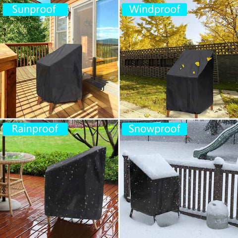 Outdoor Chair Covers 2 Pack Waterproof Black Polyester Blend Fits 25W x 25D x 47H Inches Stackable Dining Chairs Protects 4 to 6 Chairs Weatherproof Patio Furniture Covers for All Seasons in various weather conditions including sun, wind, rain, and snow.