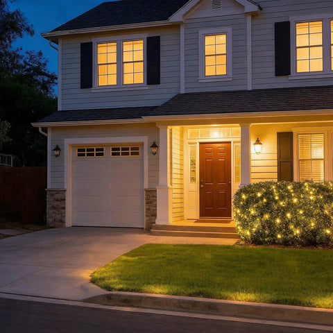 House exterior with 100 LED Warm White Christmas String Lights With 35 Ft White Wire decorating front bushes, creating cozy vibes