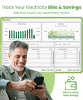 Smart Home Energy Monitor With Whole Home Power Tracking And Real Time Usage Insights on screen with smiling man checking savings.