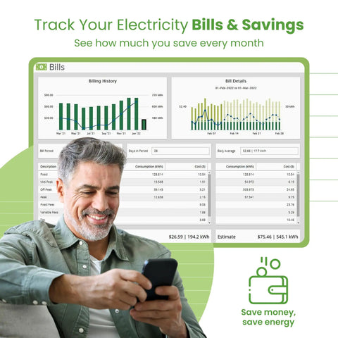 Smart Home Energy Monitor With Whole Home Power Tracking And Real Time Usage Insights on screen with smiling man checking savings.