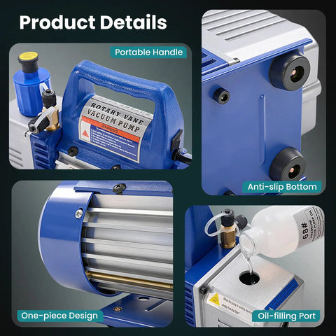 4 CFM Single Stage Vacuum Pump 110V with R134a AC Manifold Gauge Set and Leak Detector showing handle and details for HVAC use