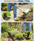 Person using 70 Inch Heavy Duty 2 In 1 Weeder And Garden Hoe With Long Handle in garden for weeding with 6 tine puller and flat scraper.