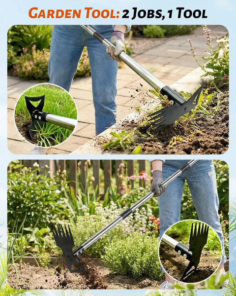 Person using 70 Inch Heavy Duty 2 In 1 Weeder And Garden Hoe With Long Handle in garden for weeding with 6 tine puller and flat scraper.