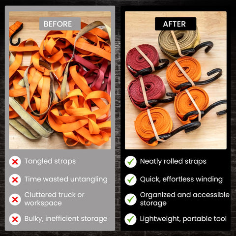 Ratchet Strap Winder Drill Bit Attachment Before and After: Messy vs. Neatly Rolled Straps for Flatbed Trucks and Garages
