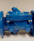 4 Inch Flanged Cast Iron Swing Flex Check Valve Built Tough For Water And Plumbing ASTM A126 250 PSI Max Cracking Pressure 0.25 PSI Horizontal Mount 11 Inch Long By 9 Inch Wide Heavy Duty Industrial Valve, blue flanged side view