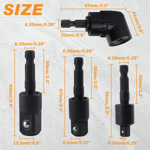 Go-To Flexible Drill Bit Extension Set With Right Angle Attachment 360 Degree Rotatable Includes One Quarter Inch One Three Eighths Inch One Half Inch Hex Shank Socket Adapters For Power Drill Driver Cordless Drill And Screwdriver