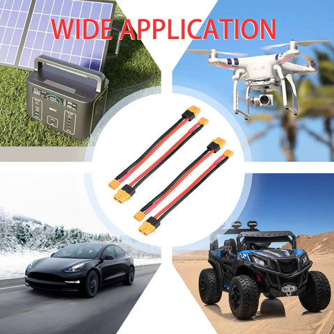 XT60 To XT30 Adapter Cable Set 4 Pieces 12 AWG for RC Lipo Battery Drone with solar setup, FPV drone, car, and toy car application.