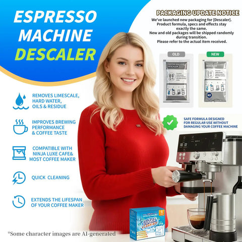 Ninja Luxe Cafe Espresso Cleaning Kit 6 Month Supply Descale Packets Cleaning Tablets shown with an espresso machine and user