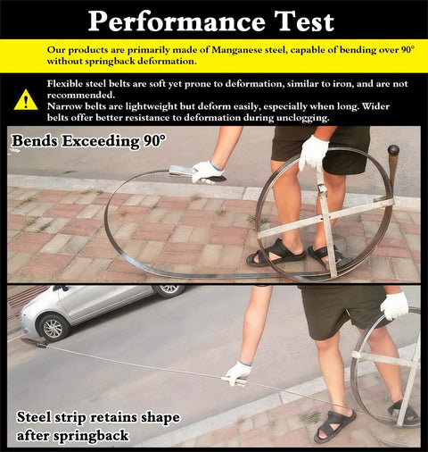 Performance test of Heavy Duty Drain Auger Snake For Kicking Stubborn Clogs Outdoors showing flexible manganese steel.