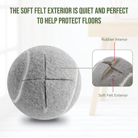 Close-up of precut tennis ball showing rubber interior and soft felt exterior for furniture leg protection on hardwood floors.