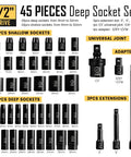 One Half Inch Drive Impact Socket Set Forty Five Piece Deep Shallow Metric Sockets Nine To Thirty Two Millimeter Includes Three Inch Five Inch And Ten Inch Extension Bars Universal Joint Adapter Six Point Design Chromium Vanadium Steel ANSI Compatible image with sockets and extension bars