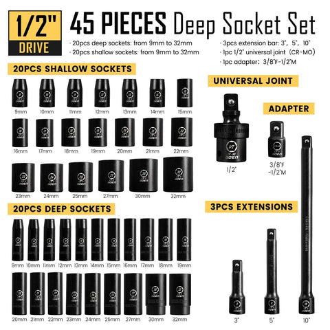 One Half Inch Drive Impact Socket Set Forty Five Piece Deep Shallow Metric Sockets Nine To Thirty Two Millimeter Includes Three Inch Five Inch And Ten Inch Extension Bars Universal Joint Adapter Six Point Design Chromium Vanadium Steel ANSI Compatible image with sockets and extension bars