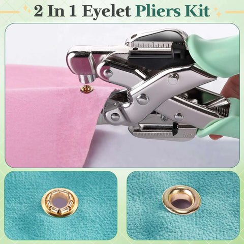 All In One Grommet Eyelet Pliers Kit For 3mm And 5mm Eyelets Includes 160 Metal Grommets And Case Heavy Duty Rivet Press Setter Tool in use