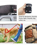 Collage showing uses of Two Pack One Point Five Inch Flat Side Release Buckles And Tri Glide Slides For Webbing Straps Luggage Pet Collars Backpacks Repair Built To Last Heavy Duty Plastic Quick Release 38mm Compatible, including backpacks, pet collars, and roof carriers.