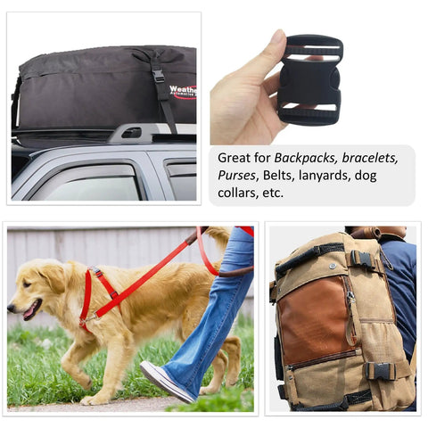 Collage showing uses of Two Pack One Point Five Inch Flat Side Release Buckles And Tri Glide Slides For Webbing Straps Luggage Pet Collars Backpacks Repair Built To Last Heavy Duty Plastic Quick Release 38mm Compatible, including backpacks, pet collars, and roof carriers.