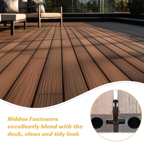 Heavy Duty Hidden Deck Fasteners For Composite And Wood Board Edges With Weatherproof Screws and Universal Hideaway Clamps on a seamless deck.
